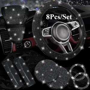 8 Pcs Bling Car Accessories Set for Women,Bling Rhinestone Diamond Steering Wheel Cover,Sparkly Seat Belt Covers,Bling Gear Shift Cover,Universal Fit Most Cars,Valentine's Day Gifts,Hand Tools Kits
