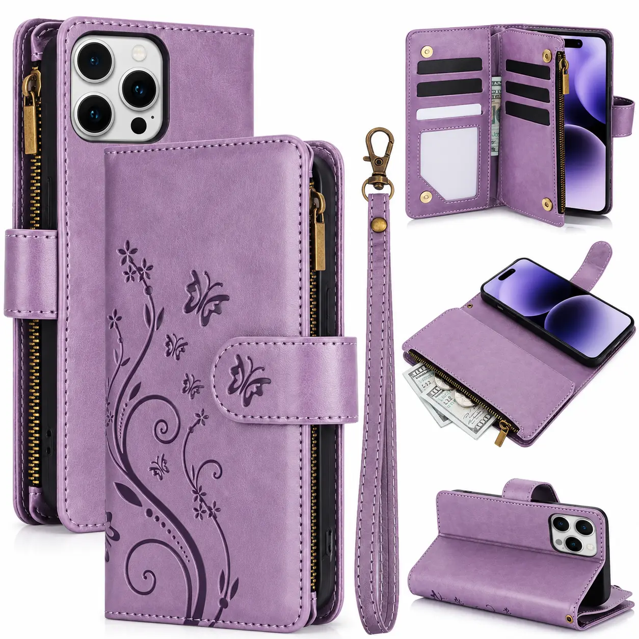 Butterfly Wallet Phone Case with Zipper Pocket, PU Leather Flip Folio Case with Card Slots, Cash Holder, Kickstand & Wrist Strap, Protective Phone Accessories Compatible with iPhone 18/17/16/15/14 Pro Max Series