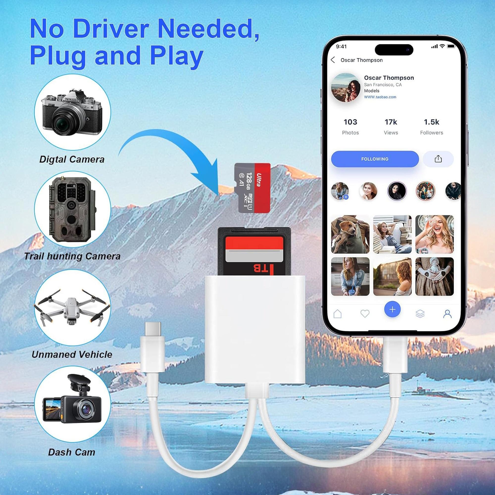 JODIUKIU 2-in-1 Type-C SD Card Reader, Dual-Slot Portable USB-C Memory Card Adapter, High Speed Plug & Play Data Transfer Reader for SD Micro SD TF Card, Compatible with USB-C Phones, Laptops and Gaming Devices