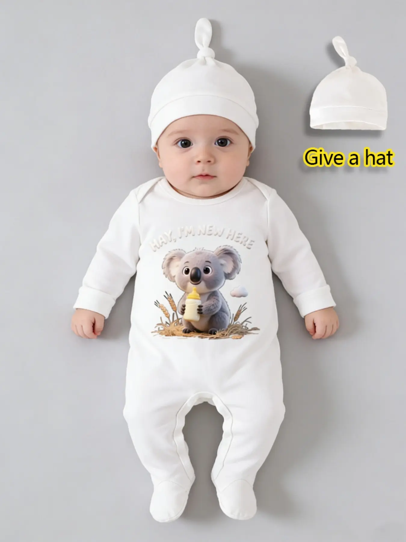 Adorable Koala Long-Sleeve Envelope Collar Newborn Footed Romper with Free Hat, Baby Clothing, Ideal Baby Gift for Boys, Convenient Dressing for Outdoor Use