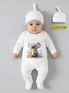 Adorable Koala Long-Sleeve Envelope Collar Newborn Footed Romper with Free Hat, Ideal Baby Gift for Boys, Convenient Dressing for Outdoor Use, Baby Clothing, Baby Boy Clothes