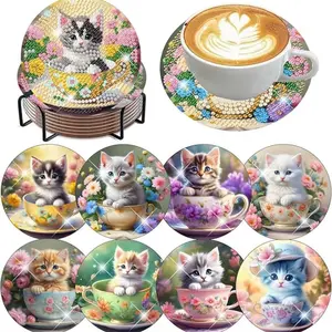 8 pieces/set of diamond art painting coasters with brackets, DIY animal cat pattern diamond art coasters, suitable for both adults and beginners as diamond painting sets, diamond set craft supplies, exquisite gifts for friends
