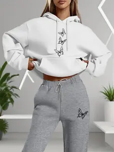 Women's Casual Long Sleeve Thin Hoodie Set, Butterfly Print Sweatshirt & Colorful Pants, Spring Fall Fashion for Daily Wear