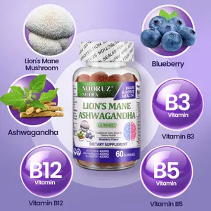 NOORUZ Ashwagandha & Lion's Mane & Blueberry Gummies Vegan Plant-Based Extracts/GMO-Free/Gluten-Free/Gelatin-Free Supports Cognitive and Memory Health