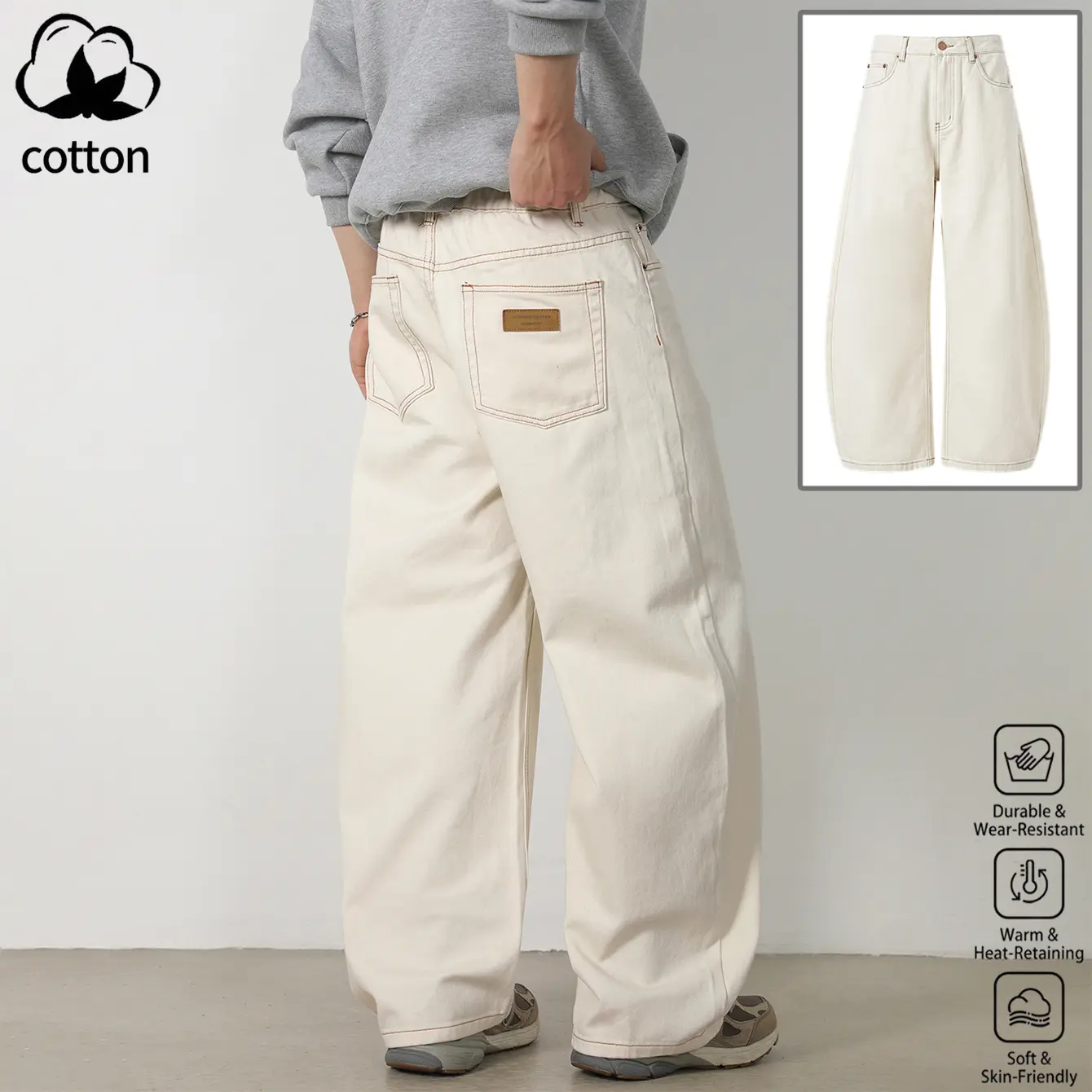 Men's Cotton Curved Blade Baggy Wide Leg Pants, Soft Carbon Brushed Twill Casual Trousers, Caramel Contrast Stitching, Back Pocket Leather Label, Loose Streetwear Work Bottoms