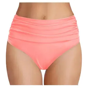 Women's High Waisted Tummy Control Bikini Bottoms – Solid Color Ruched Swim Briefs, High Cut Full Coverage Bathing Suit Bottoms for Beach Pool Summer Swimwear