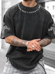 Men's Casual Sporty Short Sleeve Shirt, Letter & Cross Print, Comfortable Round Neck Tee, Gym Workout Shirt for Outdoor Gym Streetwear