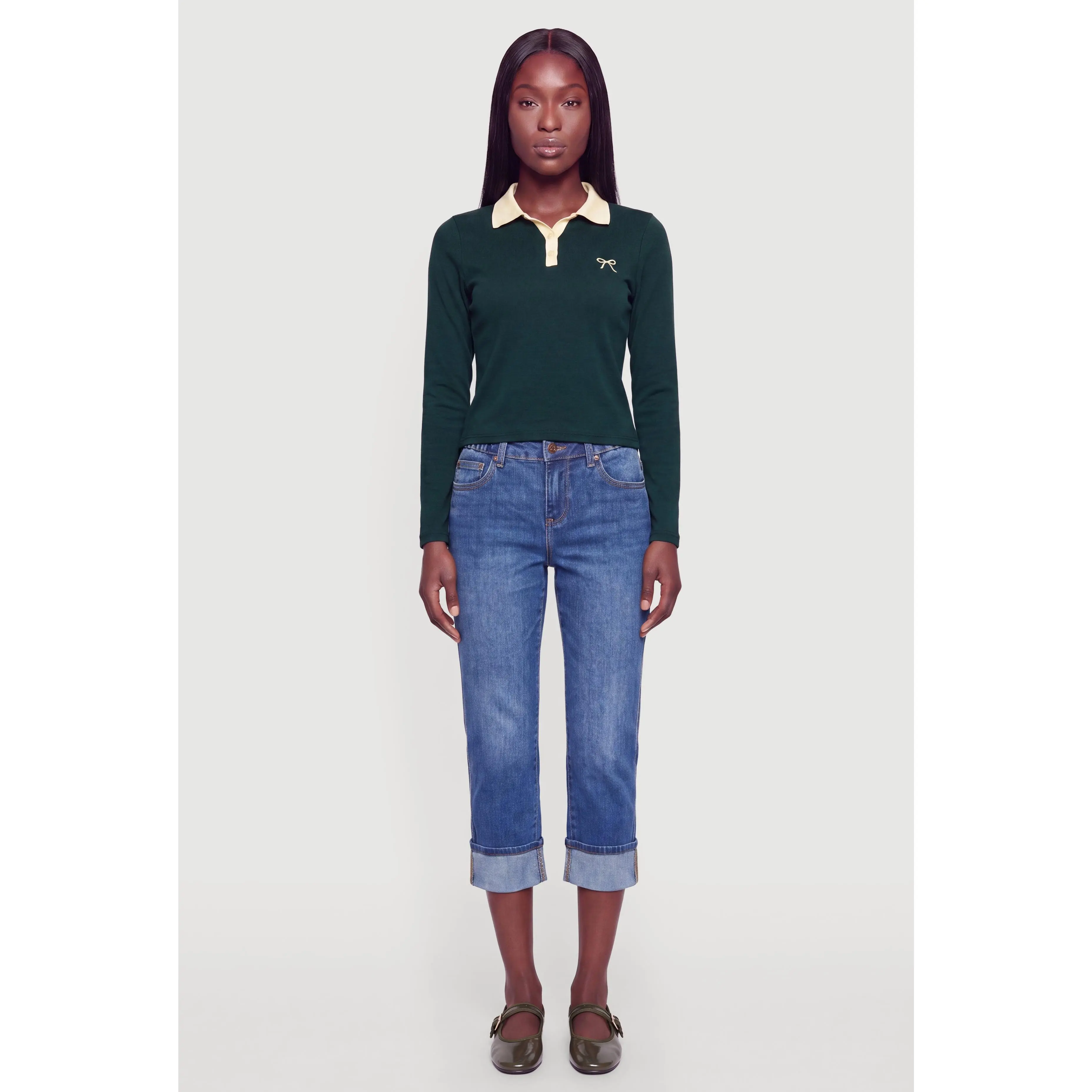 Bow Embroidered Long Sleeve Polo Top
