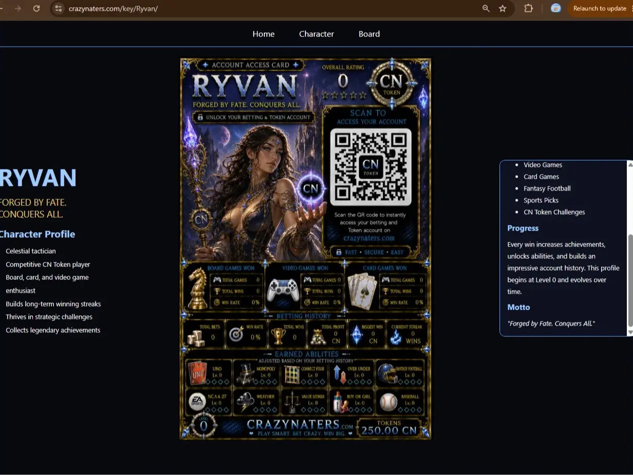 CrazyNaters.com QR Keychain and Wager Account w/250 CN tokens