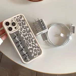 Vintage Leopard Print iPhone Case 5 Piece Set with Charger and Data Protection Strap, Shockproof Cases Compatible with iPhone 11/12/13/14/15/16