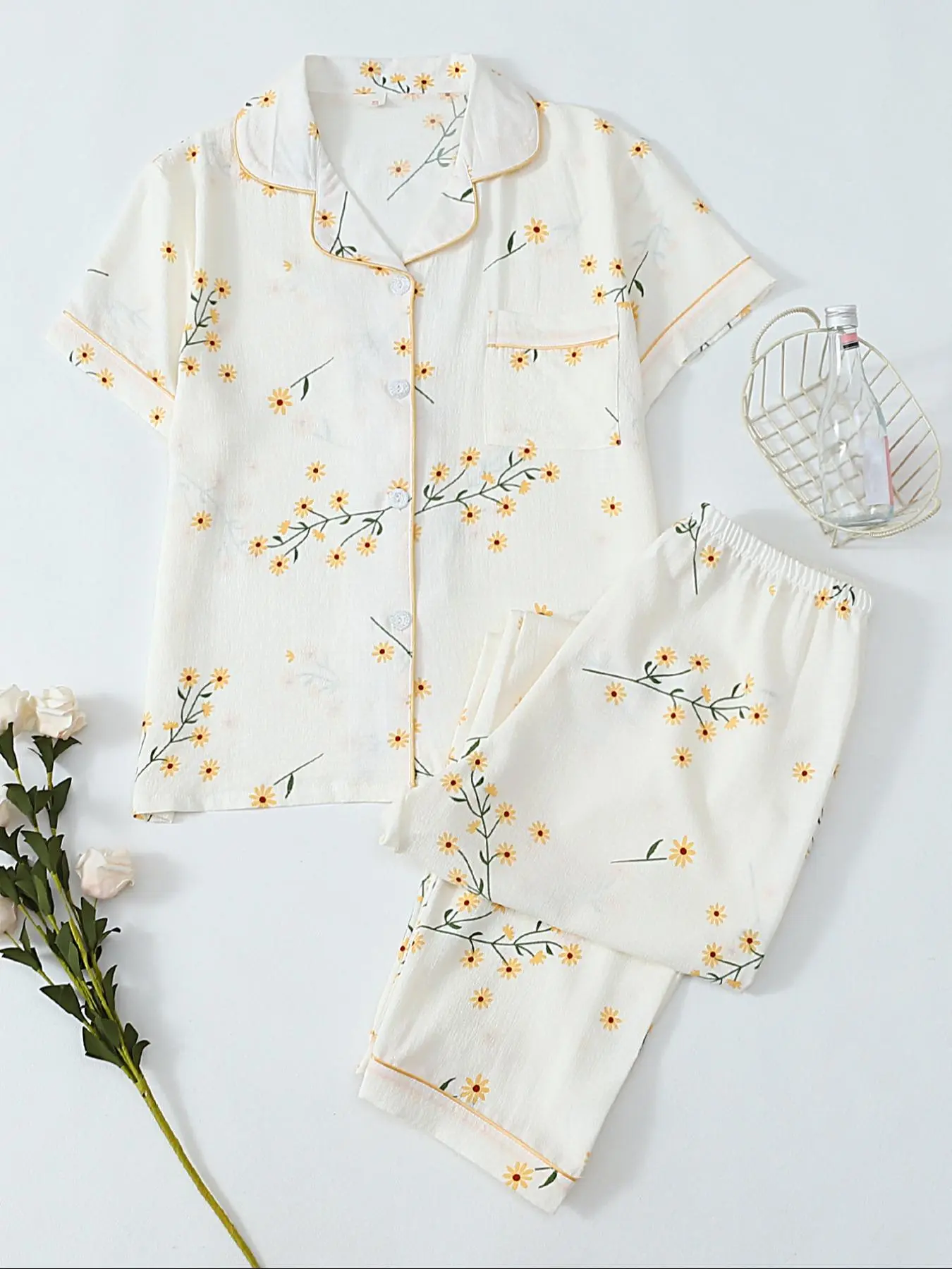 Women's Floral Print Crop Shirt & Pants Pyjama, Casual Comfy Short Sleeve Collared Top & Trousers PJ Set, Women's Sleepwear for Spring & Fall, Casual Home Loungewear, Loungewear, Pajama Set, Loungewear Pjs