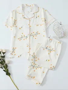 Women's Floral Print Crop Shirt & Pants Pyjama, Casual Comfy Short Sleeve Collared Top & Trousers PJ Set, Women's Sleepwear for Spring & Fall, Loungewear, Pajama Set