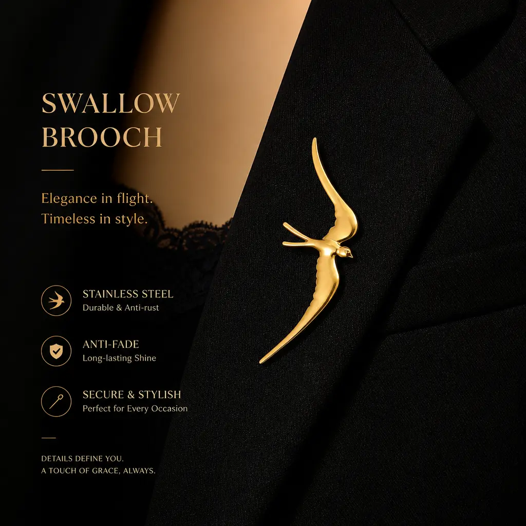 Swallow Brooch Stainless Steel, Tarnish Resistant Pin, Fade Resistant Brooch, Secure Stable Brooch, Anti Exposure Pin, Lasting Shine Brooch, Stainless Steel Swallow Pin, Bird Brooch Tarnish Free