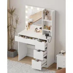 Garvee Reversible Corner Vanity Dressing Table with RGB LED Mirror, Adjustable Brightness, USB Charging Station, Multiple Drawers, Hidden Storage Stool, and 3 Lighting Modes - Stylish and Functional Makeup Desk for Bedroom