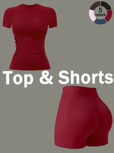 Women Two Piece Short Sleeve Shorts Summer High Elastic Comfortable Sports Set Solid Color Waist Tummy Control Hip Lifting Yoga Wear Gym Training Outdoor Running Moisture Absorbent Breathable T Shirt Pool Party Sportswear Set, Round Neck Set, Workout Sets