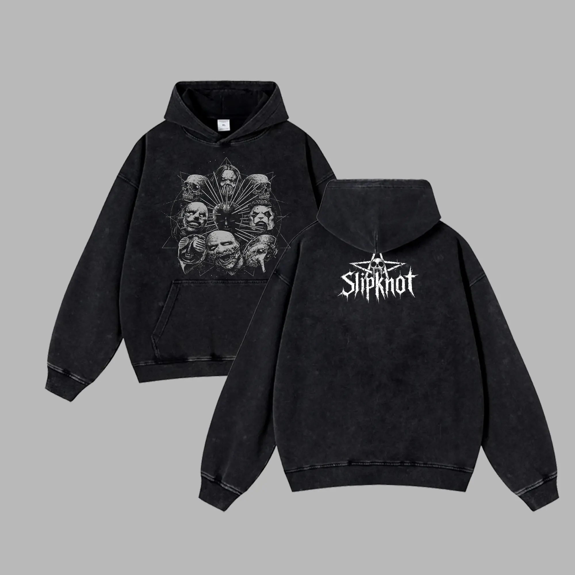 [Baby Gang] Retro Limited Slipknot Masks V2 Metal Washed T-shirt Hoodie Unisex Oversize Rock Band Metal Band Cotton Hoodie Gift For Rock Music Lovers Grunge Y2K Outfits Vintage 90s Graphic Hoodie Graphic Streetwear