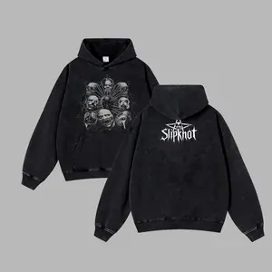 [Baby Gang] Retro Limited Slipknot Masks V2 Metal Washed T-shirt Hoodie Unisex Oversize Rock Band Metal Band Cotton Hoodie Gift For Rock Music Lovers Grunge Y2K Outfits Vintage 90s Graphic Hoodie Graphic Streetwear
