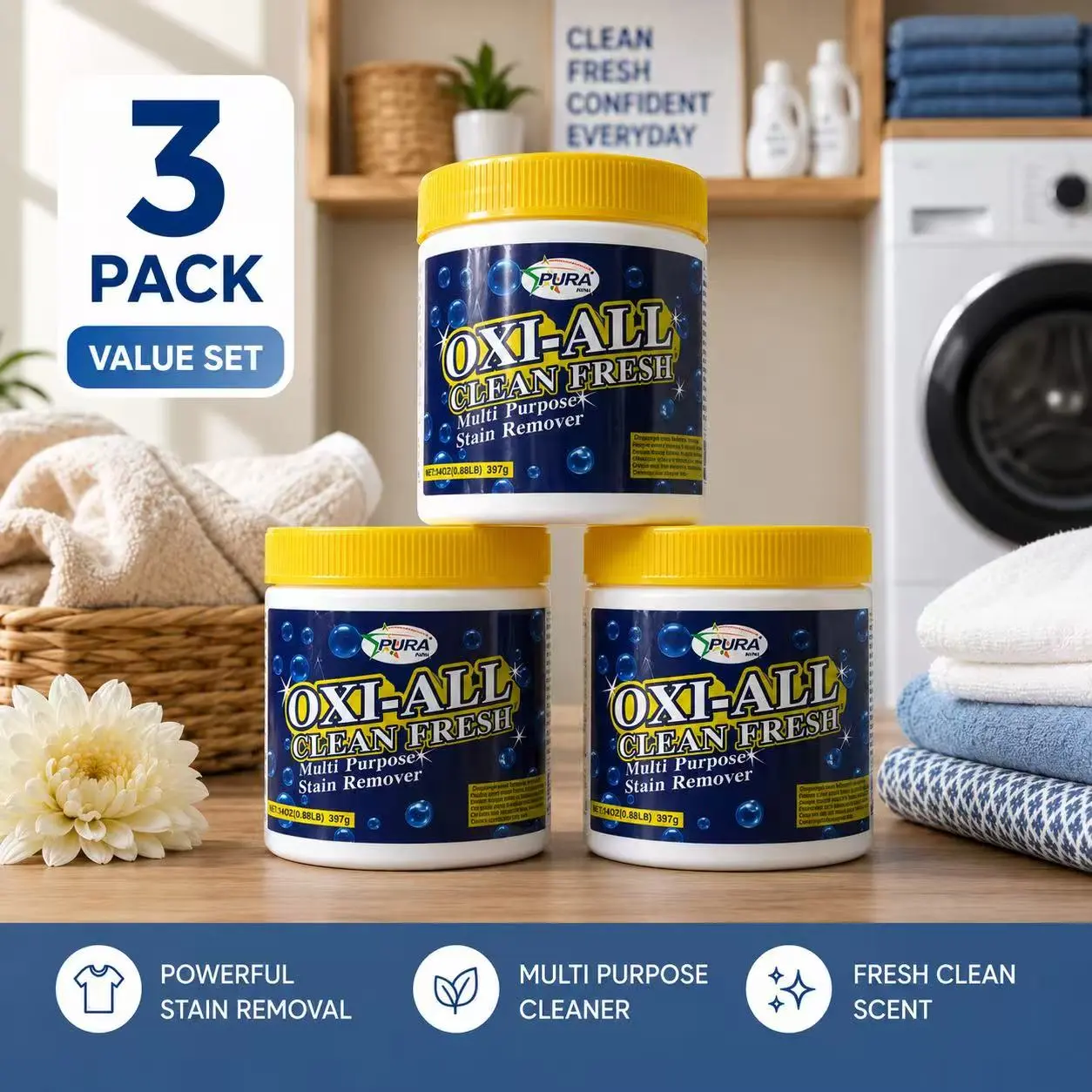 Pura Oxi-all Oxygen Stain Remover Powder | Color Safe Laundry Whitener & Odor Eliminator | Multi-Purpose Cleaners