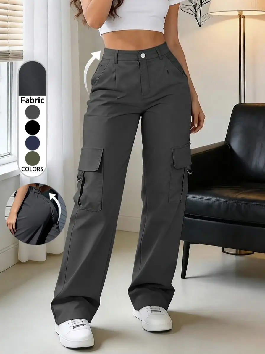 Women’s cargo pants with button front closure and pockets, basic casual street-style solid color everyday long pants, fashionable and versatile bottoms for all seasons