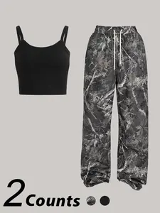 Two-Piece Set Women's Camo Print Crop Tank Top & Wide Leg Pants, Casual Fashion Cozy for Daily Outdoor Wear, Ladies Summer Clothes