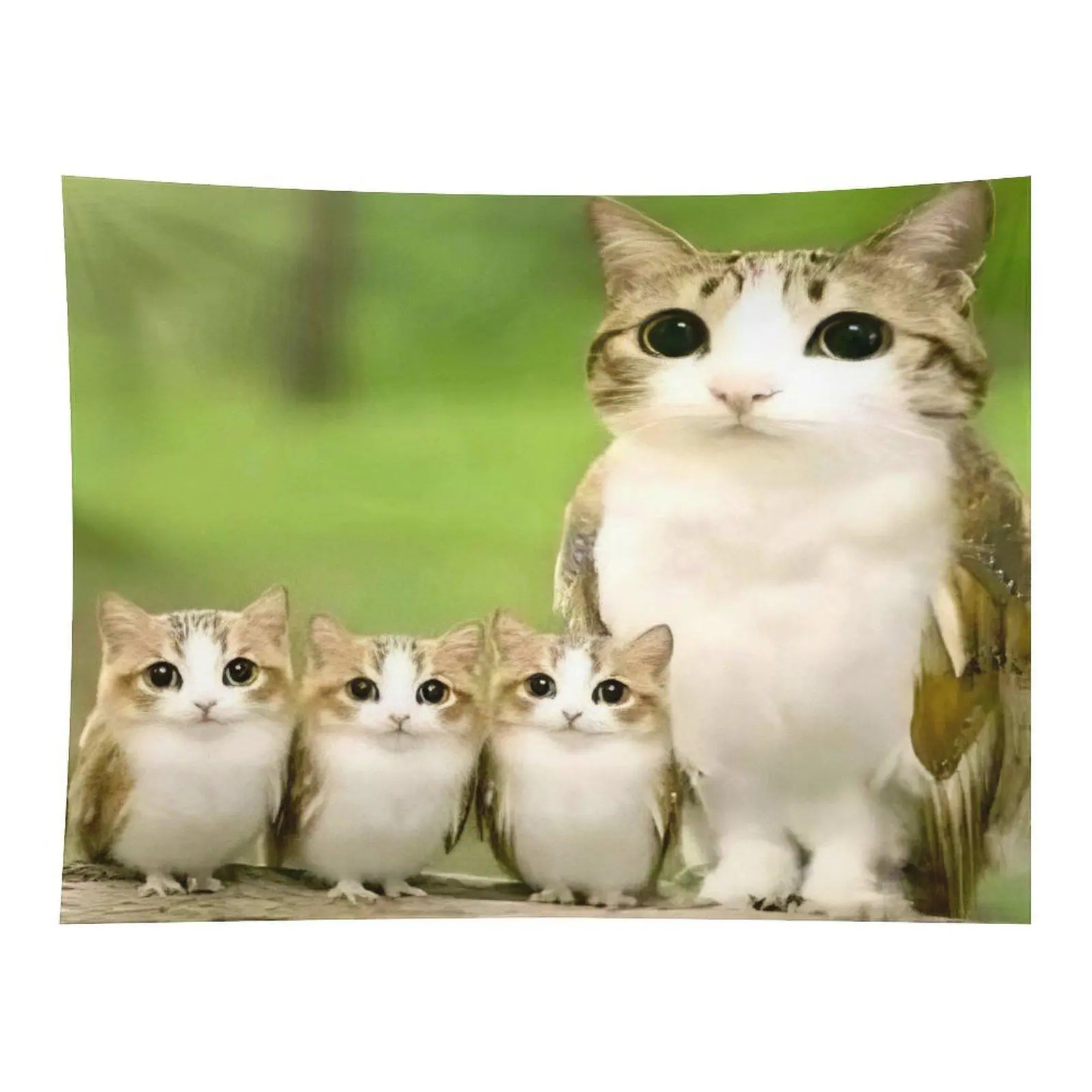 Cute Hybrid Cat Owl Four Little Baby Creatures And One Big Adult Animal Soft Green Blurred Nature Background Wall Tapestry For Kids Nursery Bedroom Decor