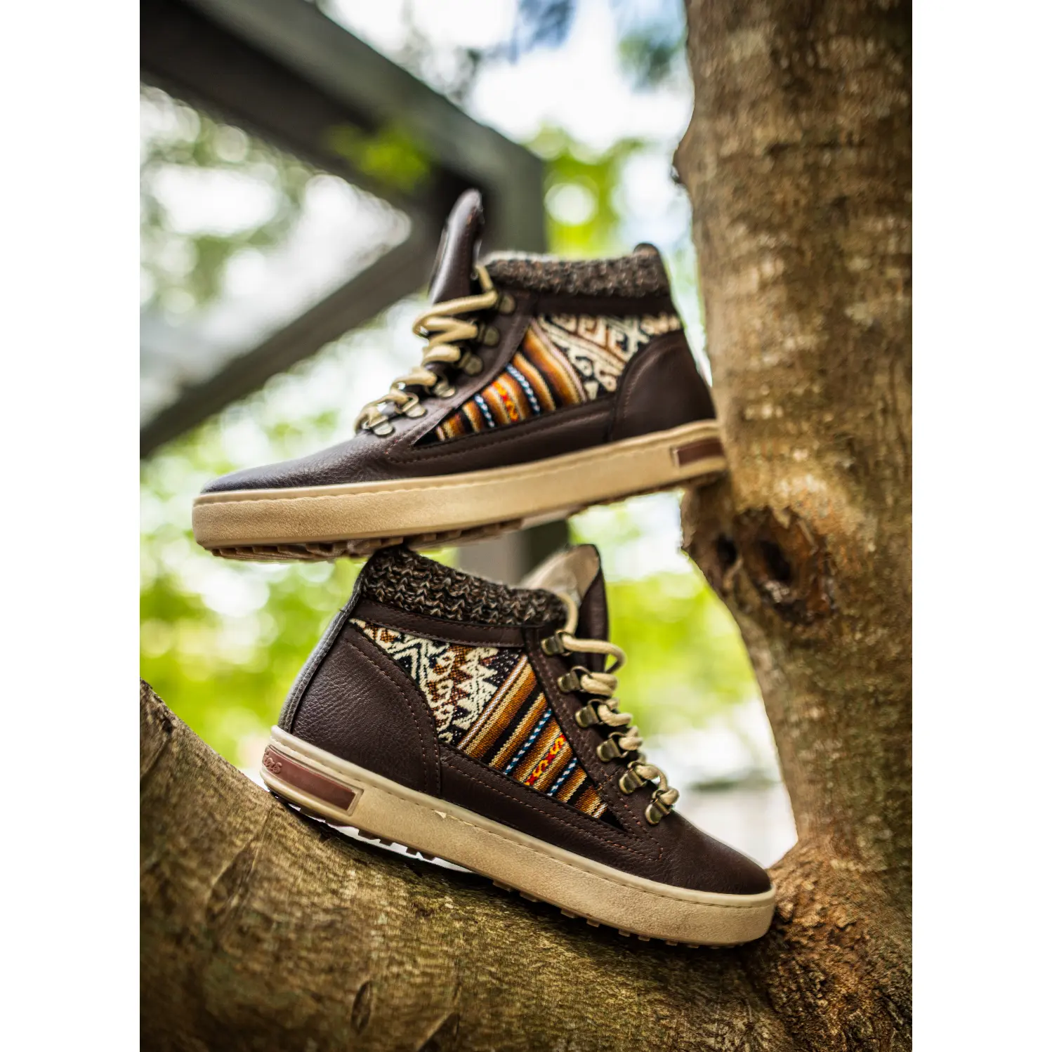 Women's Vegan Leather Camping Boots - Authentic Weave, Handcrafted Look, Peruvian Textile Design