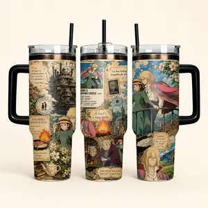 40oz Insulated Stainless Steel Studio Ghibli Howl's Moving Castle Vintage Collage Straw Tumbler - Portable Reusable Water Bottle with Handle, Straw, Lid, Insulation, Anime Art, Tumbler Style