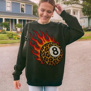 Leopard Flame 8 Ball Sweatshirt Western Graphic Crewneck Oversized Country Concert Sweatshirt Trendy Western Clothes Vintage Cowgirl Sweatshirt