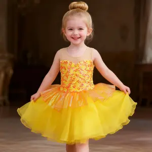 Girls Yellow Sparkle Ballet Tutu Dress, Sequin Princess Dress with Ruffles for Stage Performance, Birthday Party, Photoshoot