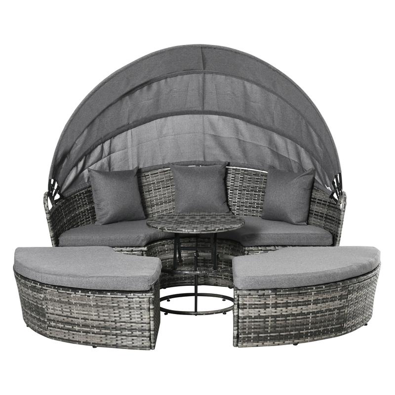 4 Piece Round Rattan Daybed Convertible Patio Furniture Set with Adjustable Sun Canopy Sectional Outdoor Sofa 2 Chairs Extending Tea Table Ottoman Chair 3 Pillows Gray
