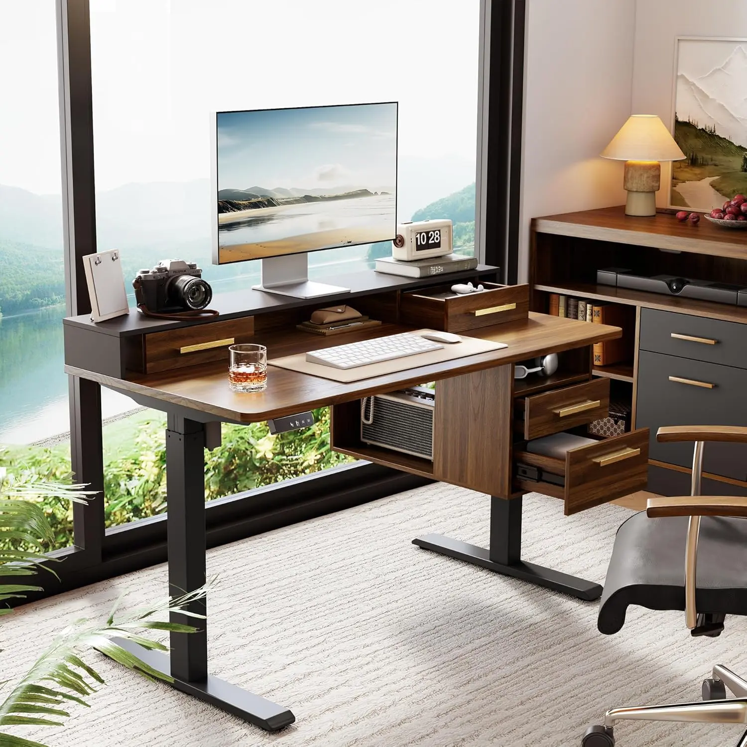 [2 Packages Shipping] ModernMate Ergonomic Rising Electric Standing Desk - Steel Frame, Sturdy Base, 4 Drawers, 47.2x23.6in Rectangular Top, Height-Adjustable Whole-Piece Sit-Stand Desk, Open Storage Shelf, Black Walnut Home Office Computer Workstation