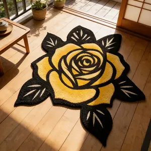Creative Rose Pattern Print Irregular Simple Decorative Living Room Bedroom Carpet, Area Rug, Foldable Easy Care Plush Rug, Floral Area Rug