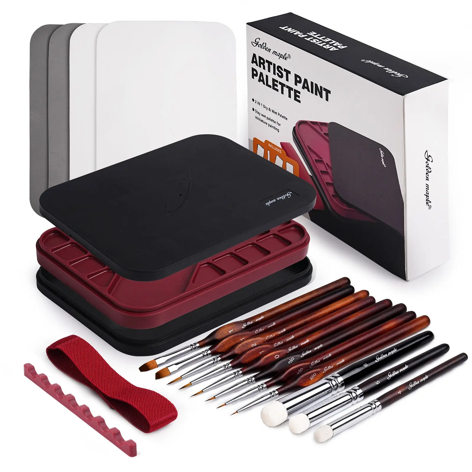 Wet Pallet for Painting Miniatures - Golden Maple 2 in 1 Dry and Wet Palette with Lid, Including 11 Miniature Paint Brushes,100PCS Palette Paper, 4PCS Sponges, Paint Brushes Holders