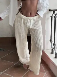 Women Knit Wide Leg Pants High Waisted Elastic Waist Loose Fit Lightweight Breathable Thin Summer Beach Vacation Lounge Pants Casual Minimalist Boho Bohemian Flowy Trousers White