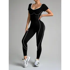 Seamless back sports jumpsuit with letter design - round neck contrasting style, suitable for running and yoga - summer women's fitness clothing