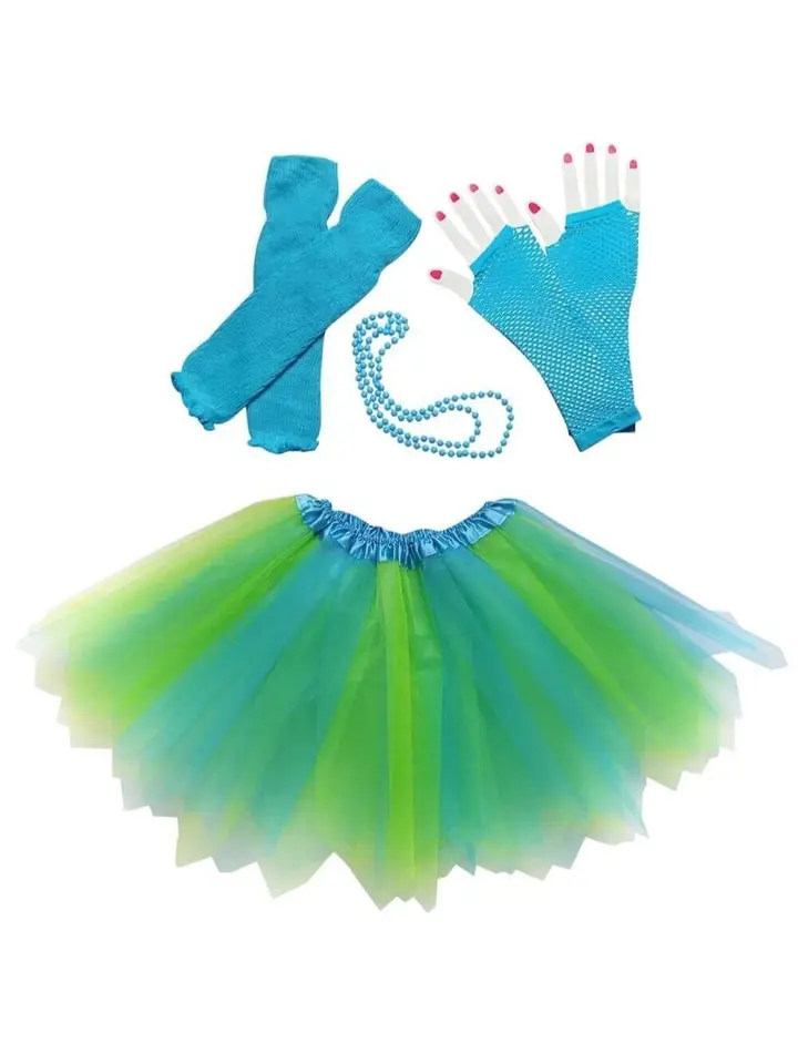 80s Costume in Neon Blue & Lime Green - 4 Piece Pixie Tutu Set for Girls, Women's and Adult Plus Sizes - Great for 1980s Decade Day Party or Halloween Dress Up Fun
