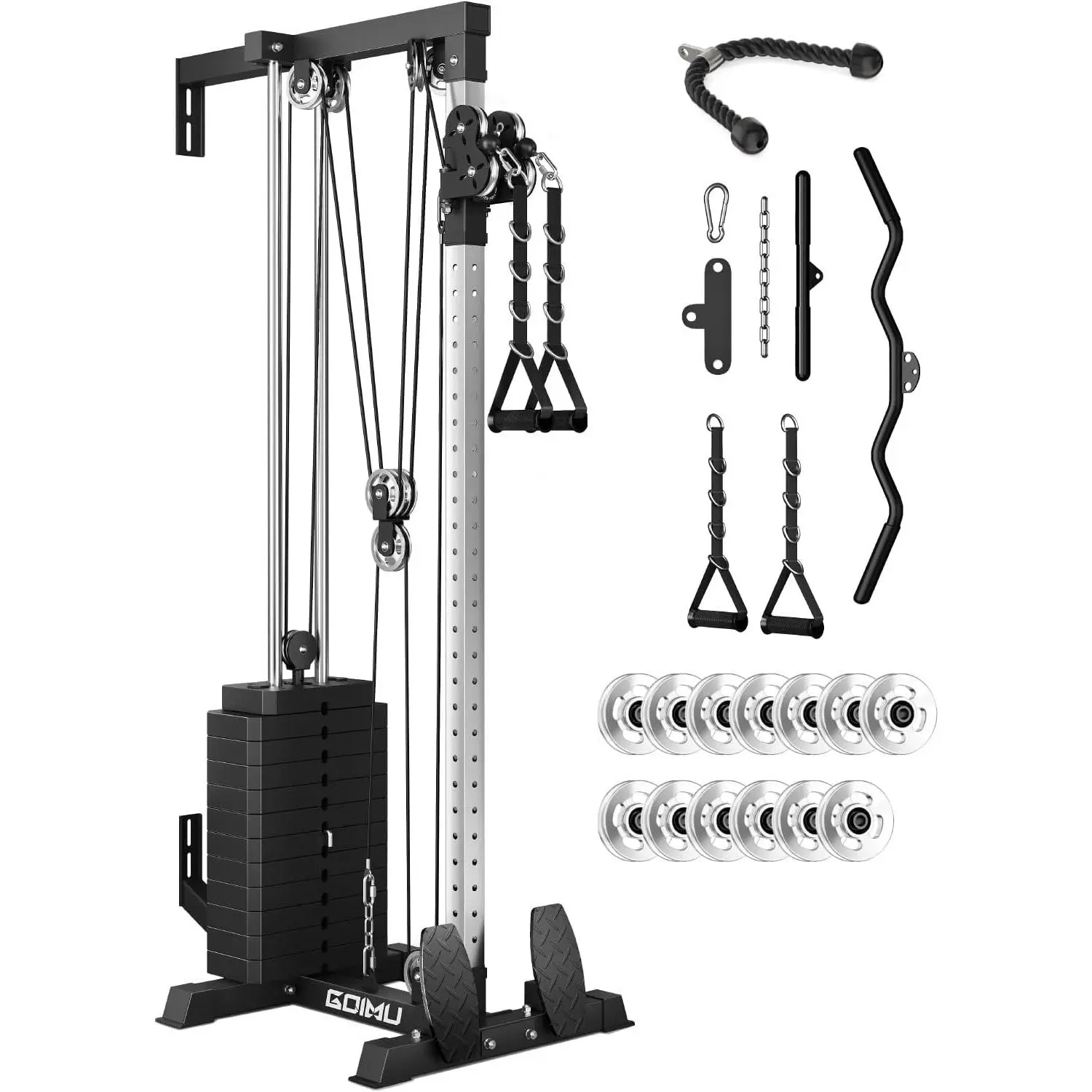 WM2-V4 Wall Mount Cable Station with Aluminum Pulley, Cable Crossover Machine with 155lbs Weight Stack and 33 Adjustable Positions, High & Low Dual Pulley System for Home Gym