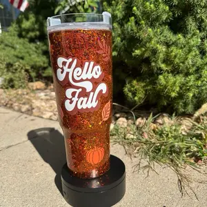 40oz Fall Glitter Tumbler | Orange & Brown Sparkle Cup with Straw