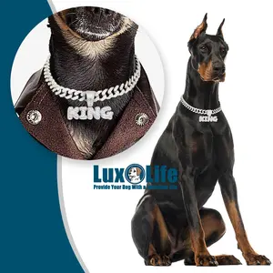 Silver Dog Chain Collar Necklace with diamond pendant "KING" Letter,Diamond Cuban Link Dog Collar 13mm Wide Dog Necklace Metal Cat Chain Pet Crystal Collar Jewelry Accessories for Small Medium Large Dogs Cats