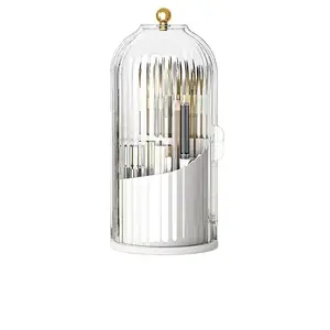 360 °   Rotating Makeup Brush Holder with Dustproof Lid, Clear Birdcage Makeup Organizer, Vanity Storage for Cosmetics Brushes, Pens, Bathroom Organizer