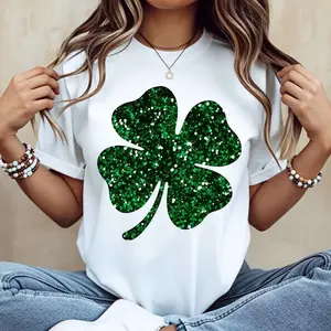 Crewneck T Shirt White Green Glitter Four Leaf Clover Print For St Patrick's Day Celebration