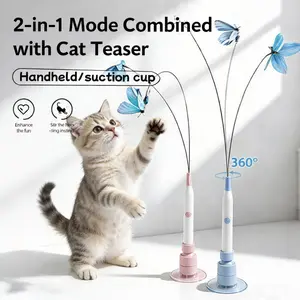 2-in-1 Electric Cat Teaser Stick with Powerful Suction Cup Automatic fun Cat Toy indoor Adhesive or Handheld Teaser Wand 360° Rotating cool cat stuff