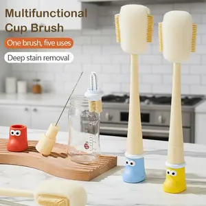 5-in-1 All-Purpose Cup Brush - BPA-Free Silicone & Sponge Heads | Straw/Rim/Gap Cleaner for Bottles Cups Mugs