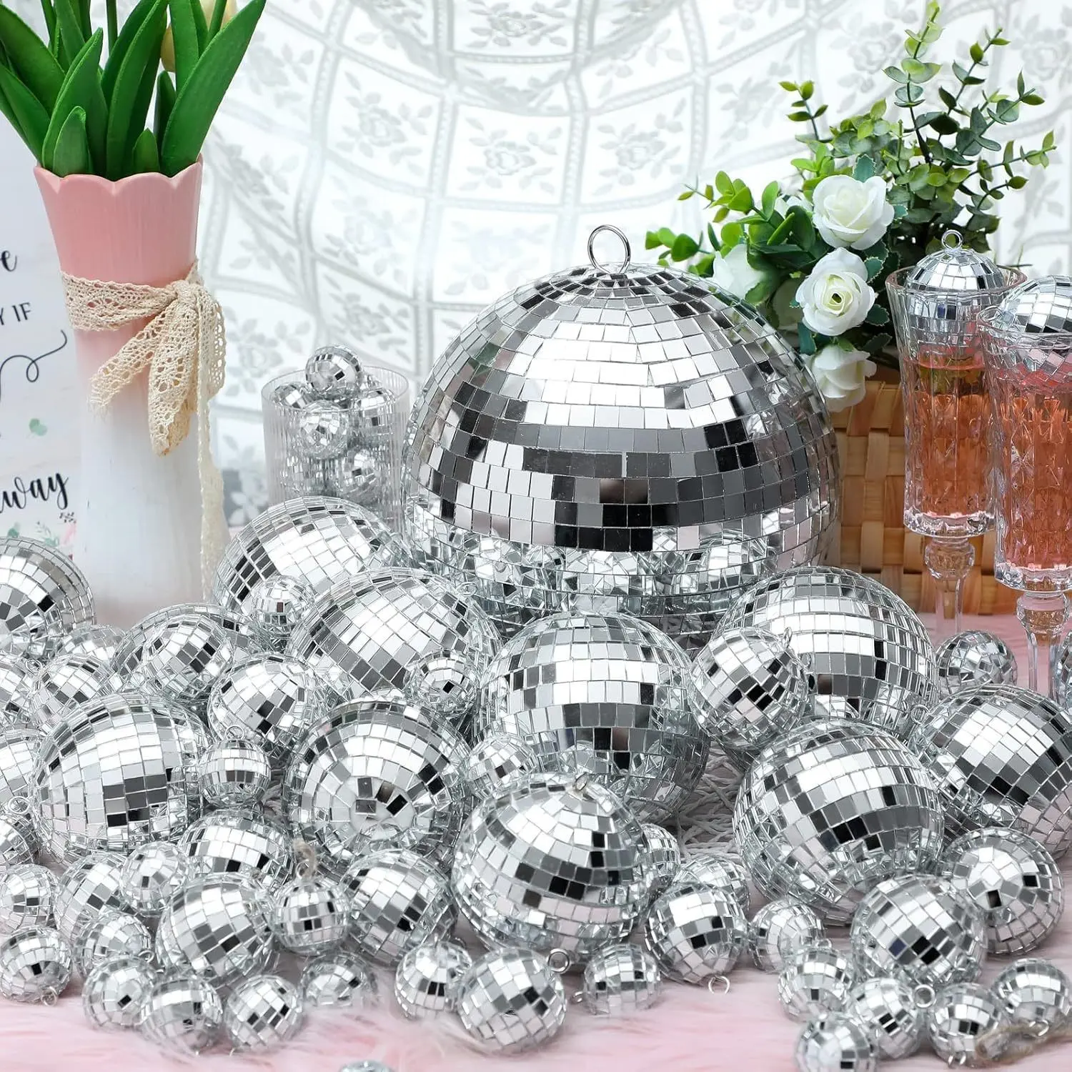 35-Piece Silver Color Disco Ball Set, Large Reflective Glass Ornaments for 70s Retro Parties, No Power Needed, Perfect Home Decor