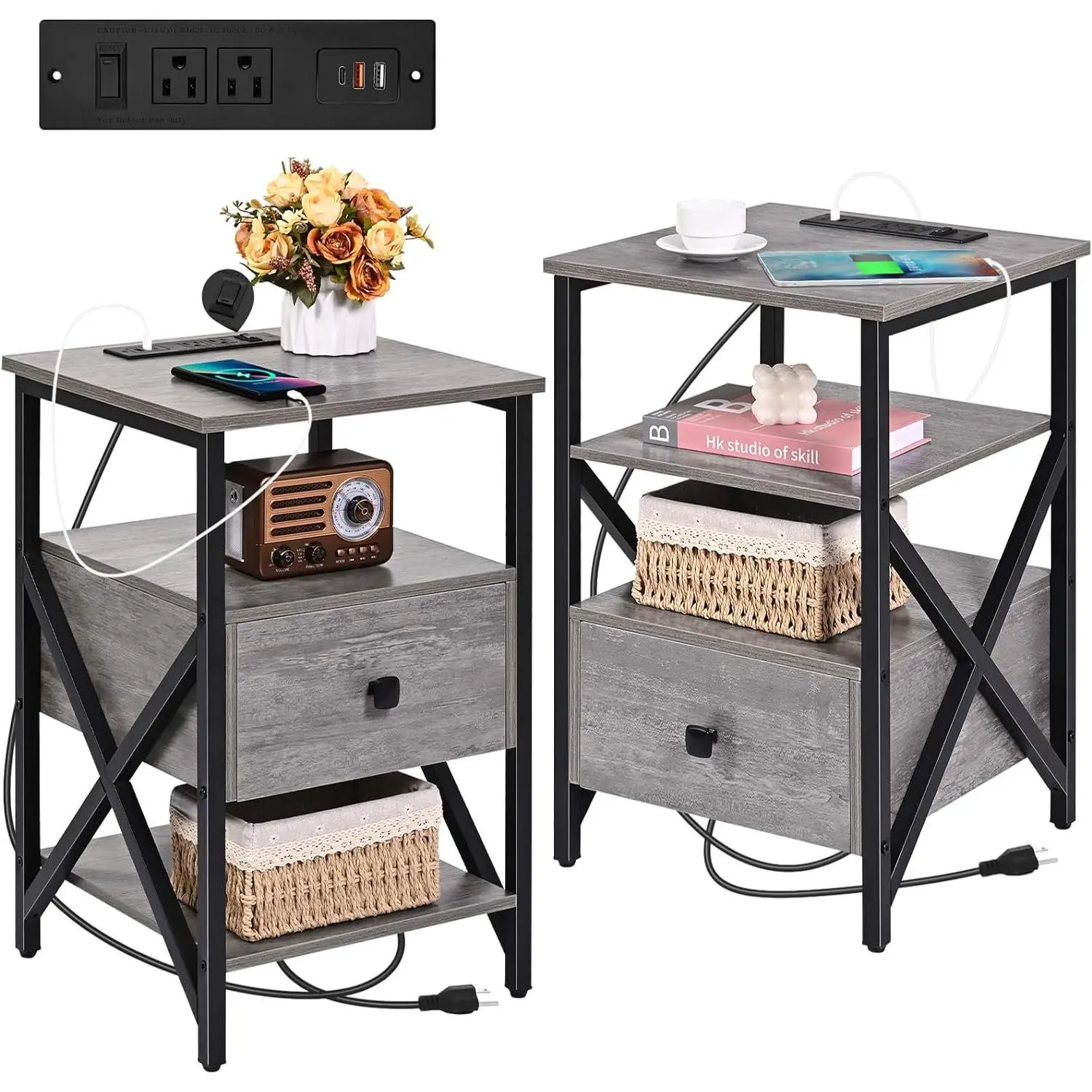Nightstands Set of 2 with Charging Station and USB Ports, Grey Side Tables Set of 2 with Outlets, Bedside Table Side Table with Drawer, Small Night Stand for Bedroom, End Tables Living Room