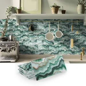 16/32/64PCS/Box 3D Self-Adhesive SJM Peacock Green Agate Tile Stickers | PE Foam Thickened Crystal Film Waterproof | For Kitchen/Bathroom/Laundry Room/Camper/Fireplace Wall Decor