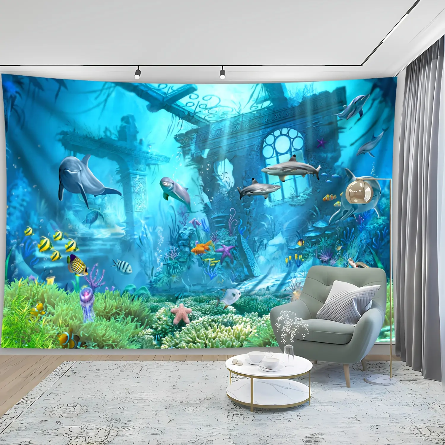 Lightweight Ocean Print Underwater World Tapestry - Marine Theme Wall Hanging, Photography Backdrop, Aesthetic Home Decor for Living Room, Bedroom, Party Use
