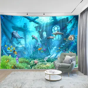 Underwater World Tapestry Ocean Landscape Backdrop Marine Theme Wall Hanging Photography Background Aesthetic Decor for Living Room Bedroom Indoor Outdoor Home Decoration