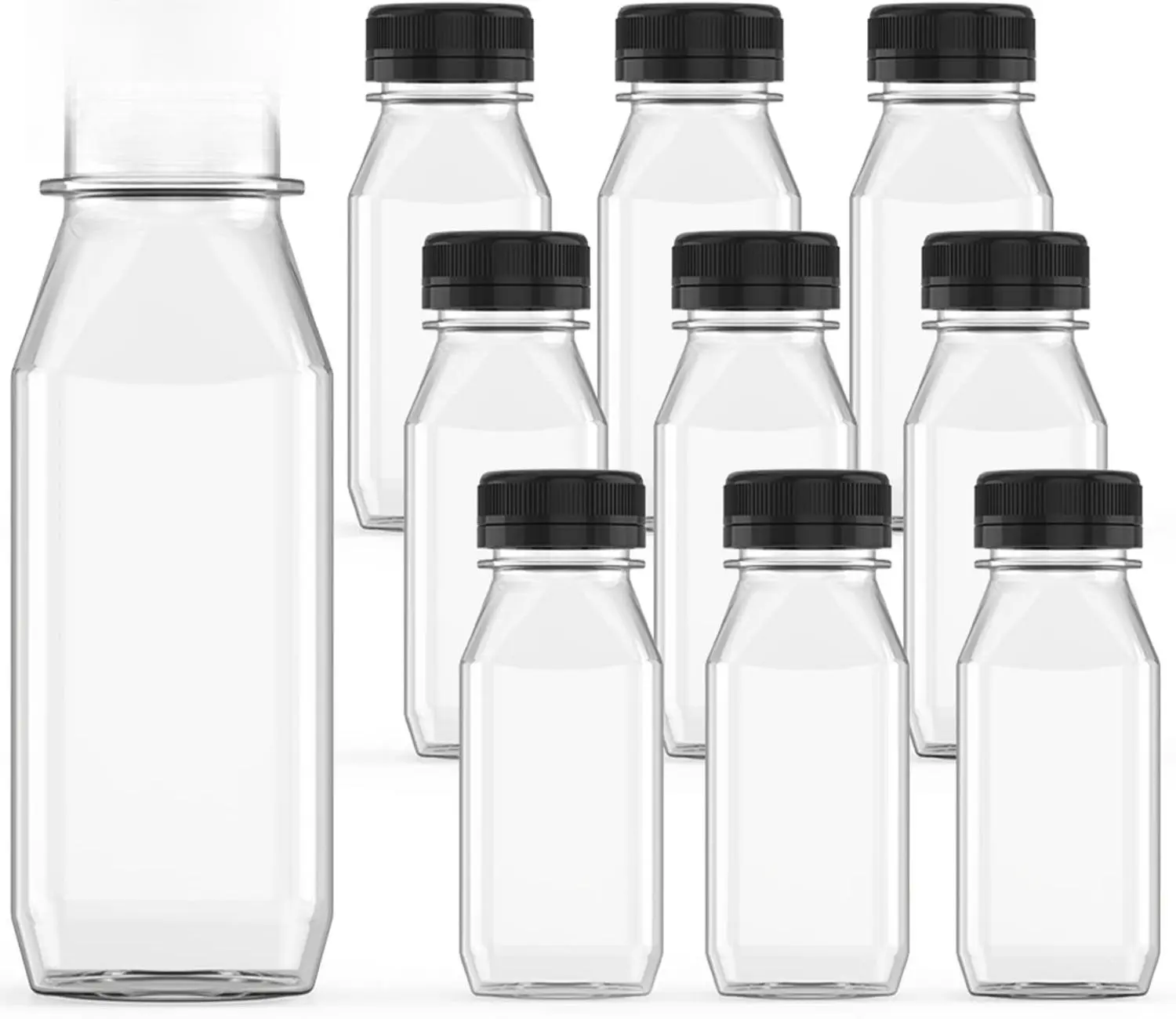10 Pcs 8 oz Plastic Juice Bottle Reusable Transparent Bulk Beverage Containers with Black Lids for Juice, Drinking Milkshake Tea, Milk, Juicing Smoothie Water and Other Beverages, Fridge Storage