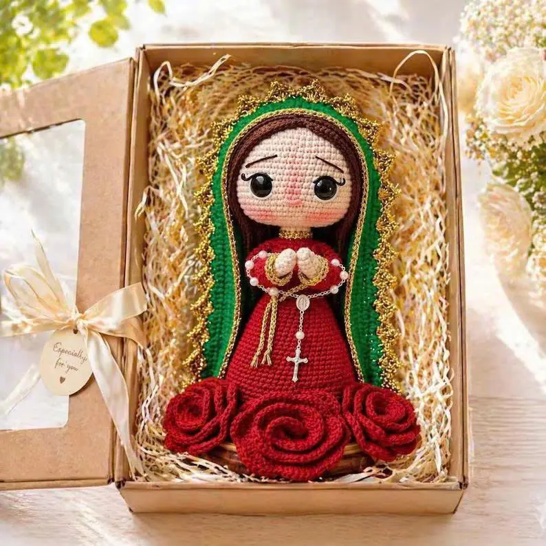 Handmade Crochet Our Lady of Guadalupe Doll Gift Set – Catholic Religious Decor with Rosary, Red Roses and Gift Box